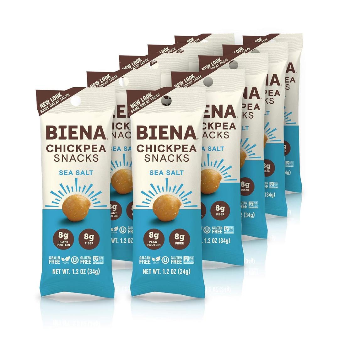 BIENA Chickpea Snacks - Crunchy Roasted Chickpeas - High Fiber Vegan Protein Snacks for Adults and Kids - 10-Pack, 1.2 Ounce Bags - Sea Salt (EXP 09/01/26)