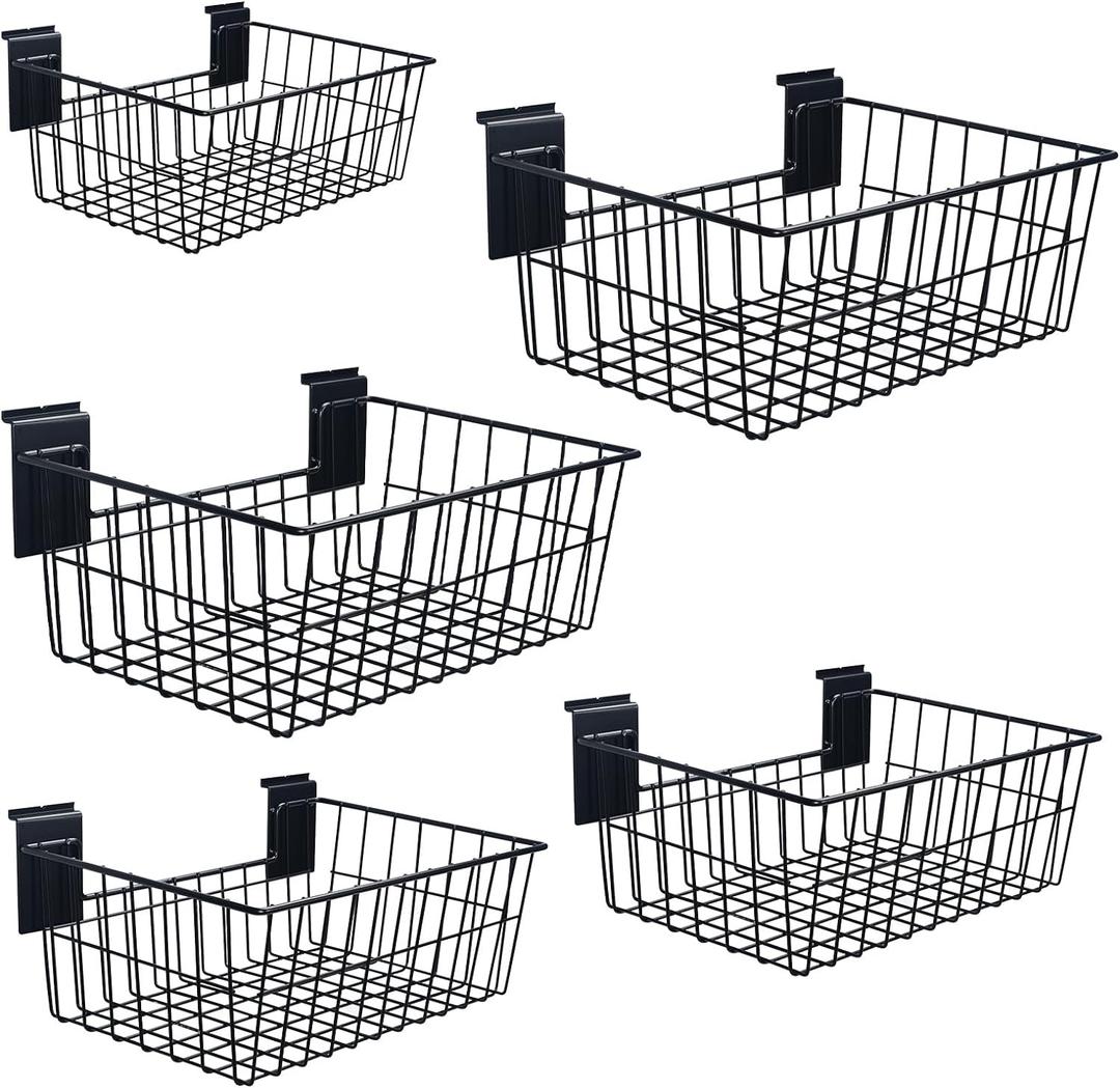 Slatwall Baskets, 15-Inch Width Heavy Duty Steel Wire Slat Wall Hanging Basket - Versatile Slatwall Accessory for Retail, Garage, Office, Sports, Toys, and More (5 Pack)
