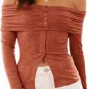 Cicy Bell Womens Off The Shoulder Tops Cute Long Sleeve Slim Fit Ribbed Ruched Shirt 2024 Fall Y2k Clothes (Large, Brick Red)