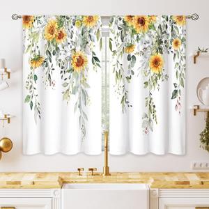 Eucalyptus Botanical Leaves Sunflower Floral Kitchen Window Curtains Over Sink Farmhouse Flower Leaf Small Window Treatment Cafe Short Curtains for Bathroom Treatment Tier Drapes 26x24 inch (06 Green Dark Yellow)