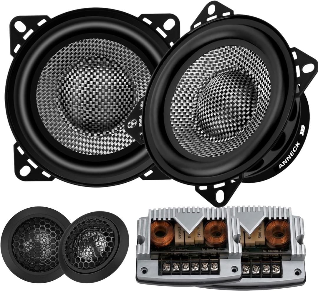 4 Inch Component Speakers Car Audio System with Carbon Fiber Cones - 300W Max Power, 4 Ohm Impedance - Includes Mid Bass Speakers, Silk Dome Tweeters & Crossovers for Professional Stereo Sound