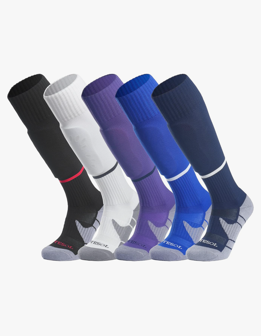 APTESOL Unisex Knee High Soccer Socks for youth kids adult, Team Sport Compression Long Cushion Socks for Outdoor Activity Girls (5-Pair) [5 pack Multicolor, X-Small]