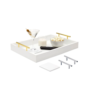 White Serving Tray with Handles and Coasters - Decorative Coffee Table Tray with Interchangeable Gold and Silver Handles, 16.57 x 12.2 x 3.1 inches