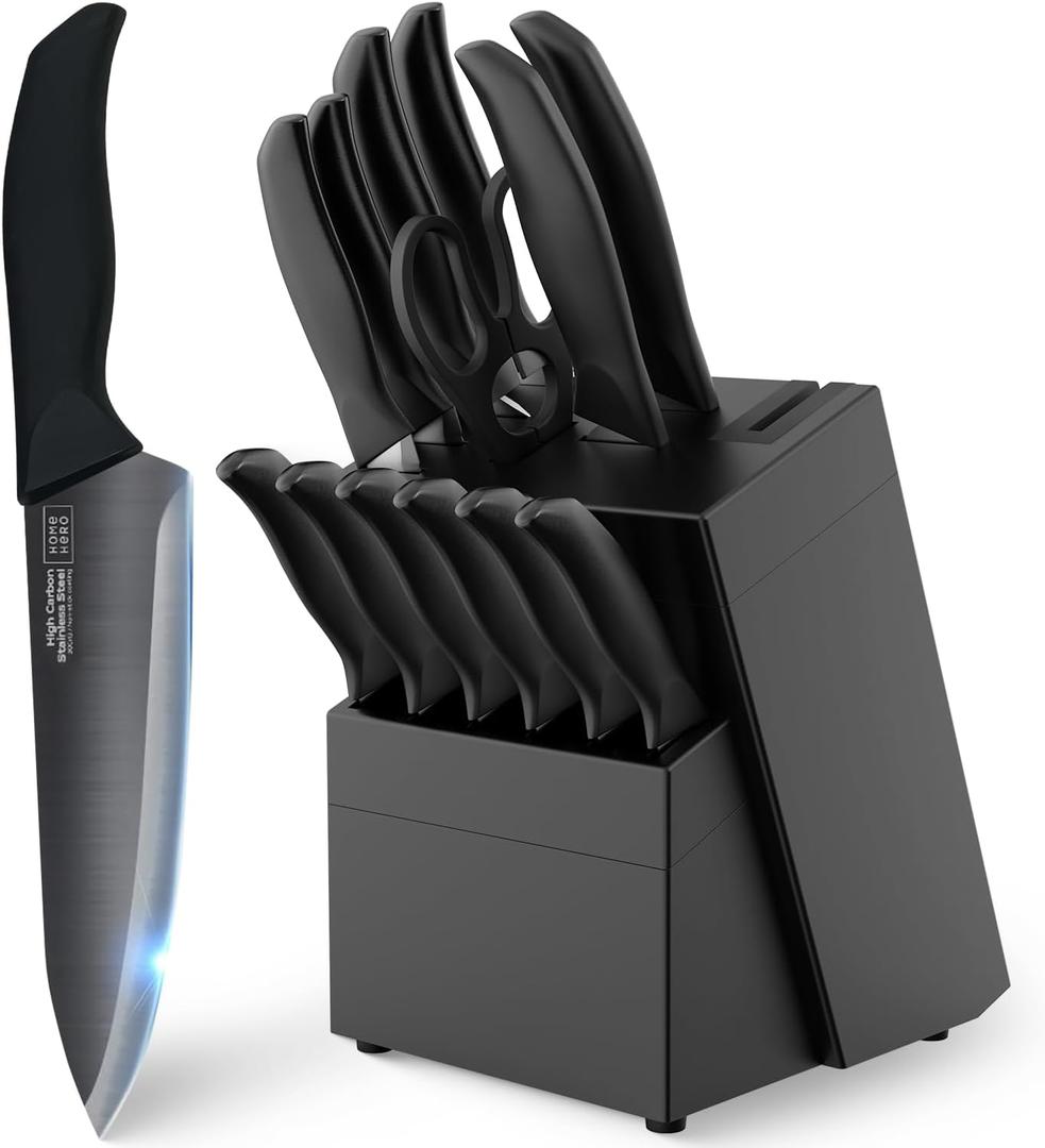 Home Hero Kitchen Knife Set - 15 PCS Black Knife Set with Block and Sharpener - Stainless Steel Knife Set - Ergonomic Handles - Includes Steak Knives Set of 6 - Knife Block Set for Kitchen