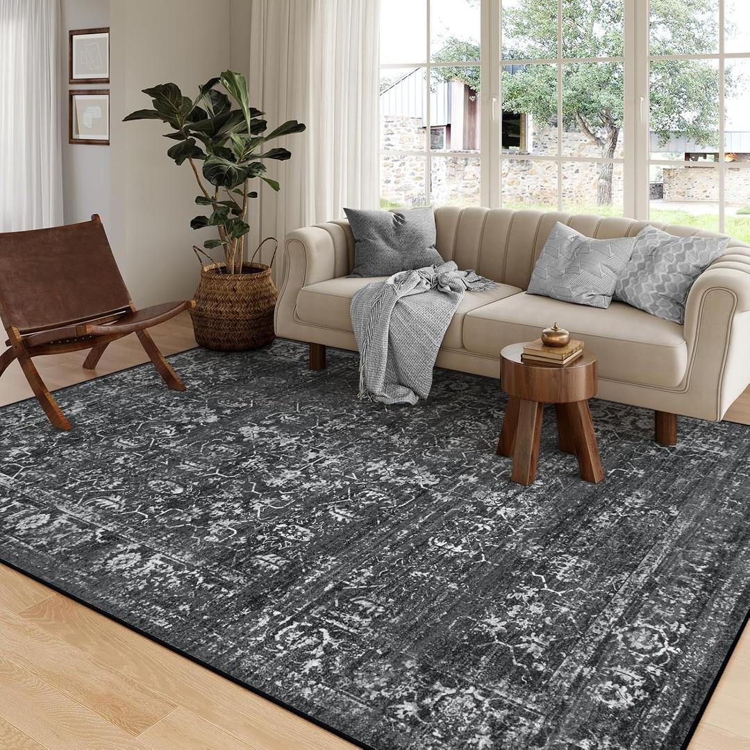 Lahome Area Rugs 9x12 Living Room Soft Large Rugs for Bedroom, Boho Black Dining Room Rug, Distressed Non Slip Low Pile Carpet for Indoor Home Office(9'x12', Black/Grey) (9ft x 12ft)