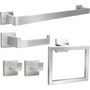 5pcs Bathroom Hardware Set, 24in Towel Bar Set, Including Square Towel Bar Square Towel Ring Toilet Paper Holder Towel Hooks, Set SUS304 Stainless Steel, Wall Mounted (Brushed Nickel)
