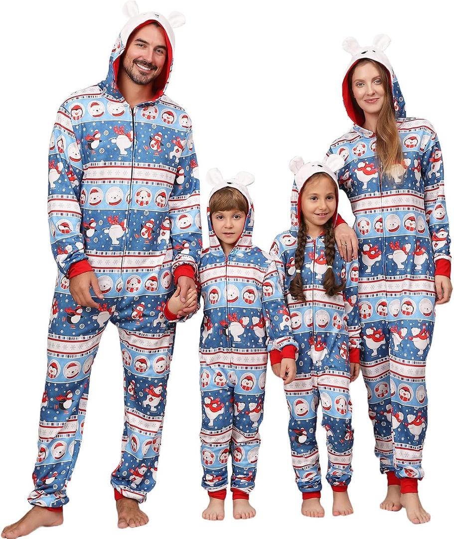 Christmas Onesie Pajamas Family Vacation Novelty One-piece Hooded Matching PJs Allover Pattern Sleepwear Nightwear (X-Large, Blue Bear Penguin)