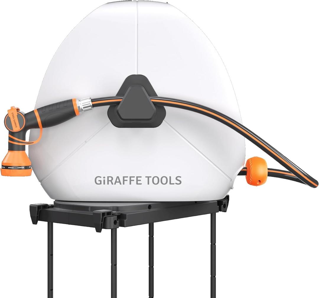 Giraffe Tools Ground Mounted Retractable Hose Reel 5/8 Inch x 92FT, Heavy Duty Automatic Rewind Garden Hose Reel, with Flexible Swivel Base for Lawn, Concrete Floor