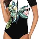 SELINK Women's Long Sleeve Rash Guard UV Protection Zipper Printed Surfing One Piece Swimsuit Bathing Suit S 