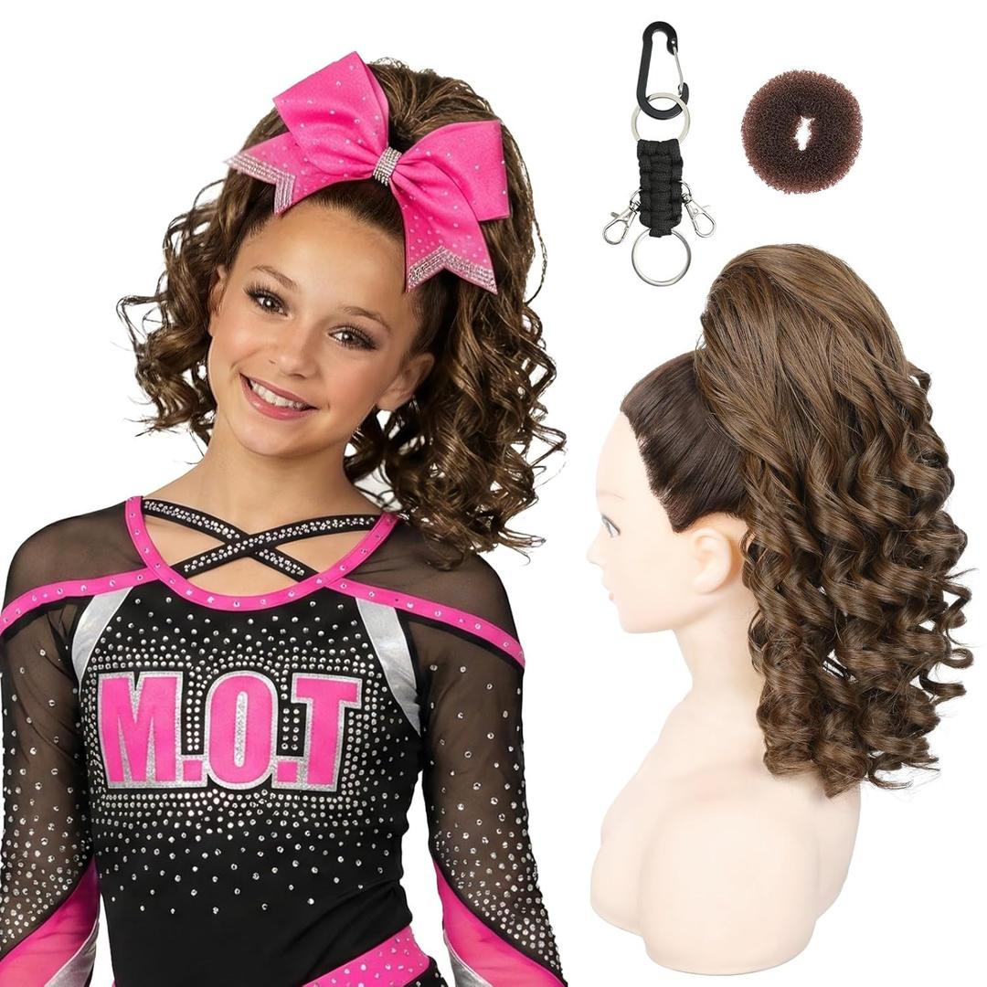 SEIKEA Cheer Ponytail Hair Piece, 14" Curly Cheerleader Hairpiece Ponytail Extension for Cheerleader Competition, Dance Warm Mocha Blend