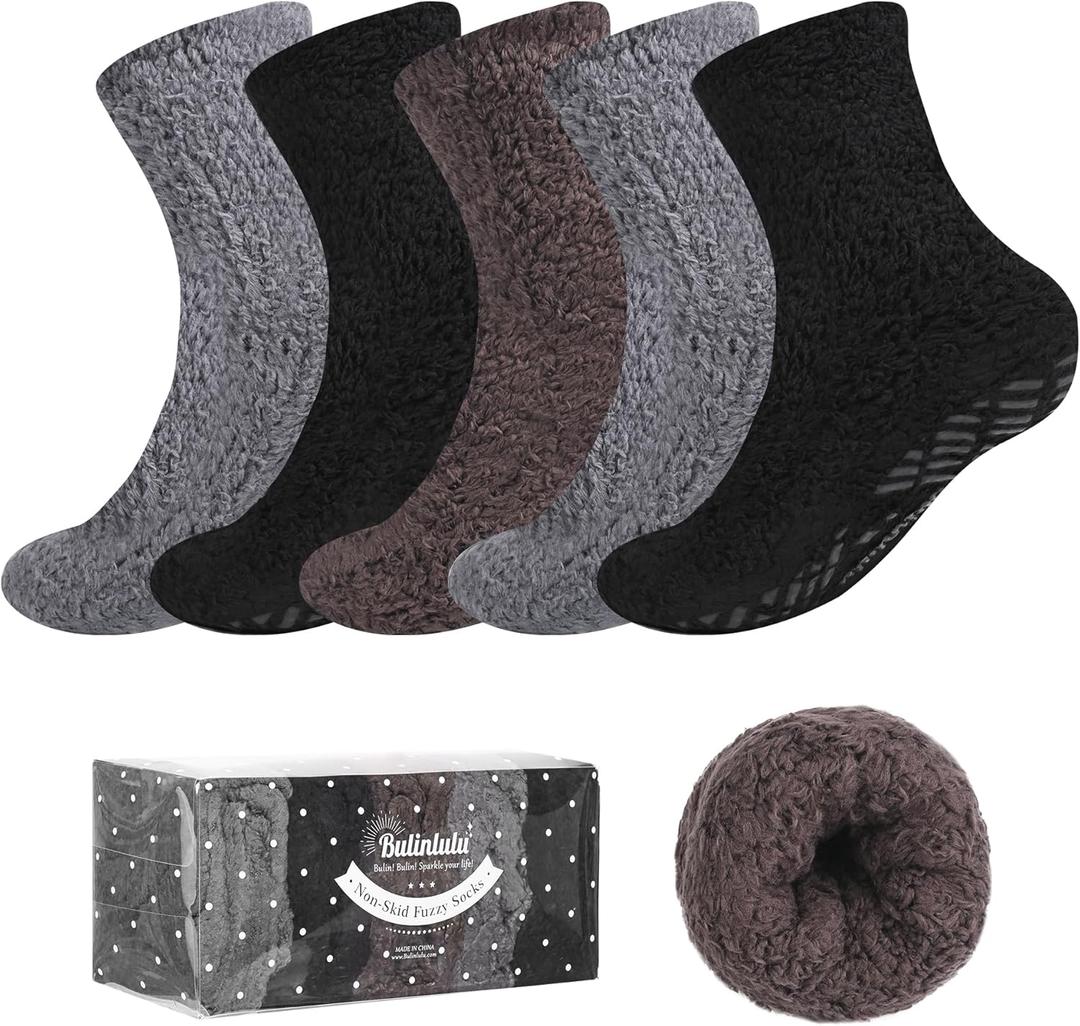 Bulinlulu Fuzzy Socks With Grips for Women 5-Pairs Non Slip Sleep Warm Fluffy Slipper Socks Mother's Day Gifts for women (Black/Navy/Brown) 5.9in