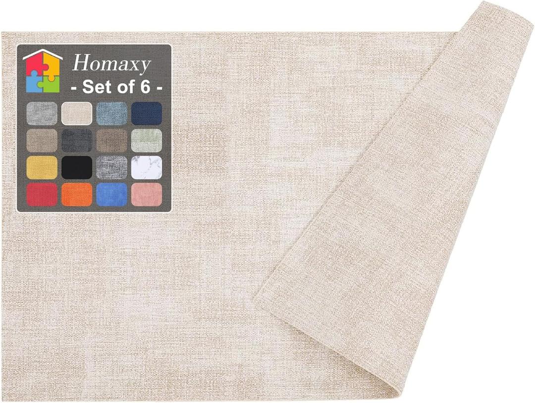 Homaxy Faux Leather Heat Resistant Placemats for Dining Table Set of 6, Waterproof Wipeable Washable PU Table Mats, Easy to Clean Anti-Slip Place Mats, 11.8" x 17", Beige