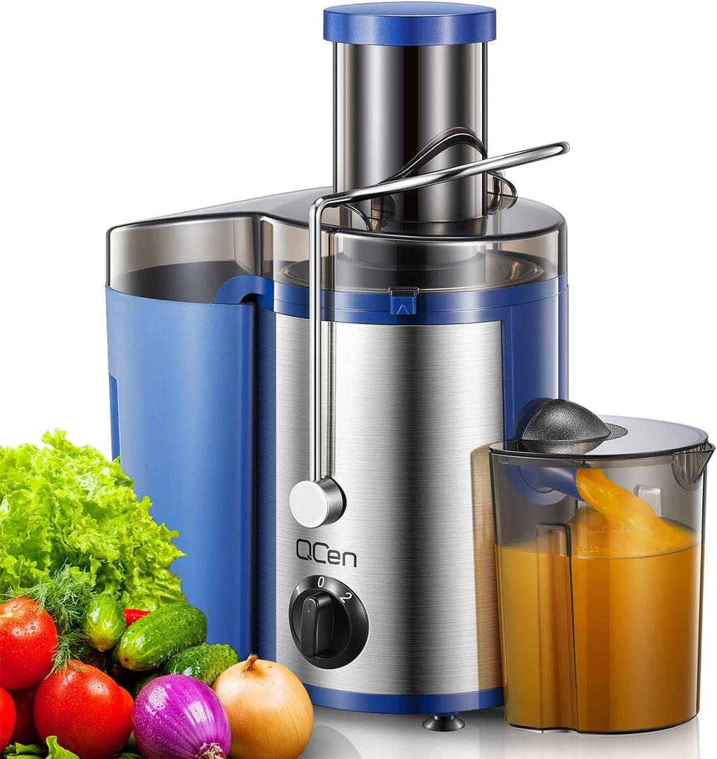 QCen Juicer Machine, 500W Centrifugal Juicer Extractor with Wide Mouth 3 Feed Chute for Fruit Vegetable, Easy to Clean, Stainless Steel, BPA-free (Blue)