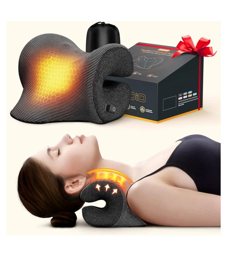 Deep Heated Neck Stretcher with Graphene Heating Pad, Odorless Neck Cloud Cervical Traction Device for Pain Relief, Chiropractic Pillow for Neck & Shoulder Comfort, Gift for Women, Men (Black)