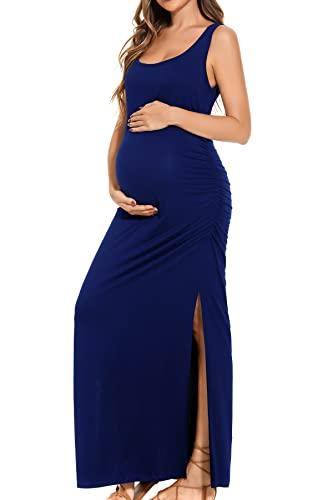 Smallshow Women's Split Long Maternity Dress Sleeveness Ruched Pregnancy Clothes Large Navy Size L