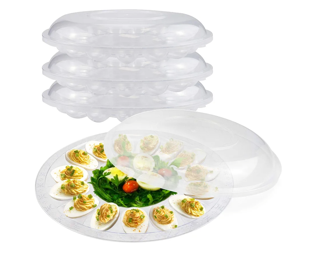 Fit Meal Prep Deviled Egg Tray with Lid - 12" 15 Slot Round Clear Plastic Carrier with Dome Lid, Durable Polystyrene Disposable Reusable Container for Pickled Stuffed Eggs and Serving Starters, 3 Pack