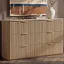 Dresser for Bedroom with 6 Drawers, 54"W Chest of Drawers, Fluted Dresser with Faux Marble Top, Curved Profile Design, Metal Handle, Wood Closet Storage Organizer for Living Room, Hallway, Natural Oak