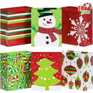 JOYIN 18 PCS Christmas Paper Bags for Present, Xmas Gift Wrap Bags with Handles for Wrapping Xmas Holiday Presents, Thanksgiving Gift Decor, Classroom and Party Favors (9"x 3.5"x 7.3")