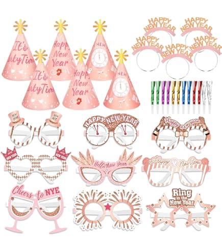 HOWAF 2026 News Year's Eve Party Supplie, Happy New Year Headband Tiara, New Years Glasses 2026, New Years Top Hats, Fringe Noisemaker Blowout for New Year Eve Party Supplies Favors, Rose Gold