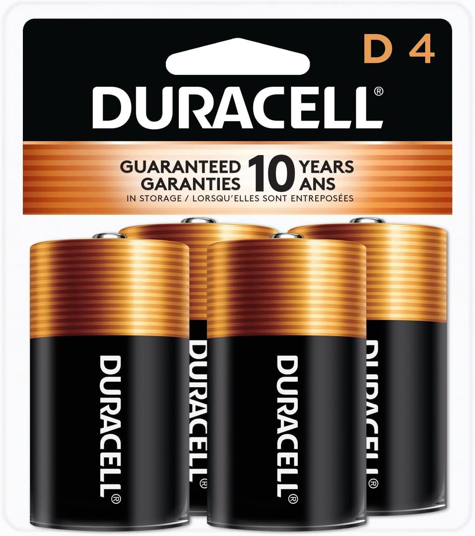 Duracell Coppertop D Batteries, 4 Count (1 Pack), D Battery with Long-lasting Power, All-Purpose Alkaline Battery for Household and Office Devices