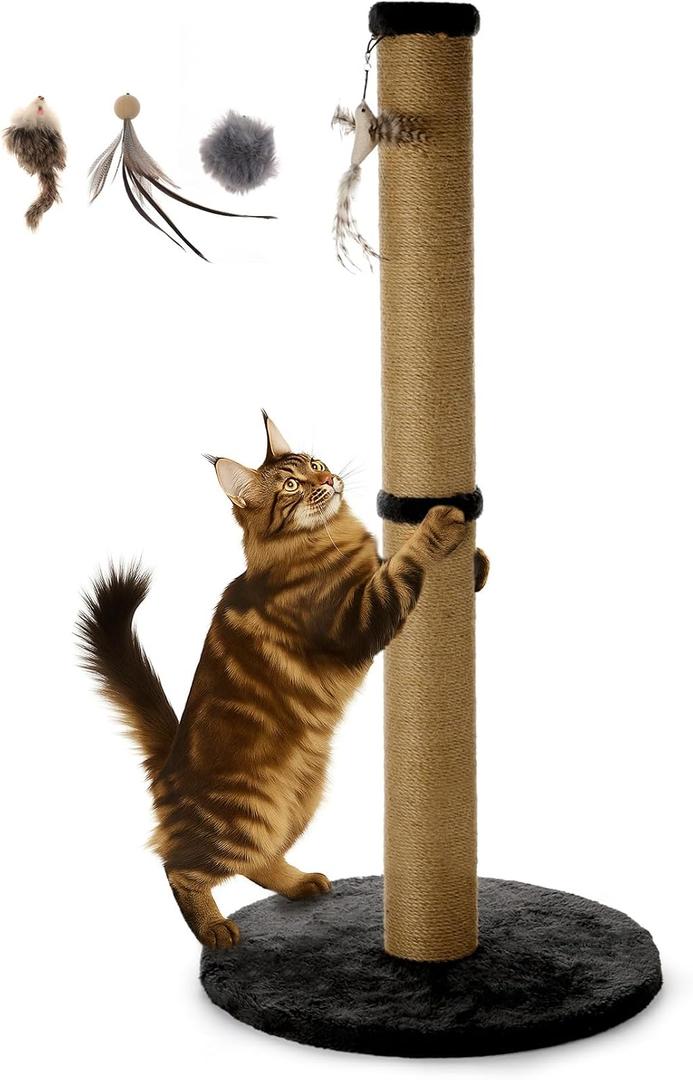 34inches Tall Cat Scratching Post with Plush Base Cat Scratcher for Indoor Cat with Natural Sisal Rope, Black Round Platform,Have 4 Replacement Pendant