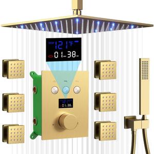Brushed Gold Shower System AYIVG Temperature Display Thermostatic Shower System Ceiling Mount 12 Inch LED Rain Shower Head System with 6 Body Jets and Handheld Bathroom Shower Faucet Set Brushed Gold Shower System AYIVG Temperature Display Thermostatic Shower System Ceiling Mount 12 Inch LED Rain Shower Head System with 6 Body Jets and Handheld Bathroom Shower Faucet Set