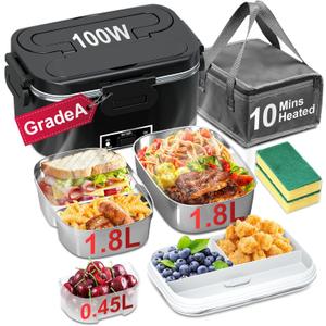 Electric Lunch Box for Adults - 2 Pack 1.8L Container 100W Heated Lunch Box for Men Fast Heating Food Heater Portable with ON/ OFF Switch, 0.6L Compartment Lid for Car, Truck, Office (12V/ 24V/ 110V)