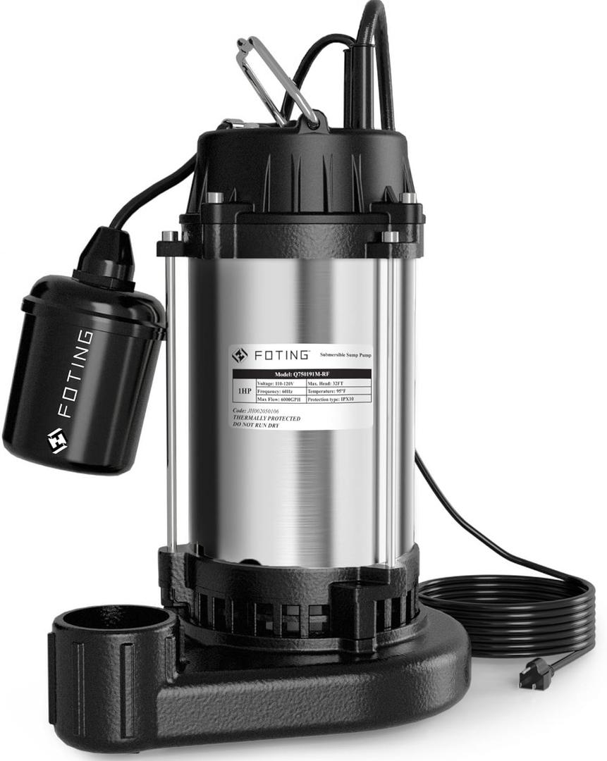 FOTING 1HP Submersible Sump Pump Cast Iron and Stainless Steel, 6000 GPH Sewage/Effluent Pump, 115V Automatic Tethered Float Switch, Septic Pumps for Basement, Septic Tank, Basin, Sewage System