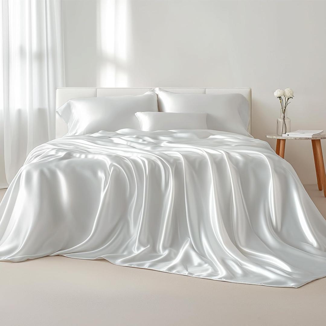 Bedsure White Satin Sheets King Size - 4 Piece Silky Bedsheets with 15 Inches Deep Pocket Fitted Bedsheet,1 Flat Sheet, 2 Satin Pillowcases, Good for Hair & Skin (King, White)