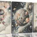 Nursery Space Astronaut Canvas Wall Art Rocket Ship And Astronaut Watercolor Painting Pictures Fun Outer Space Adventure Room Wall Decor Spaceman Planet Universe Posters Prints Artwork Framed (16"L x 12"W)