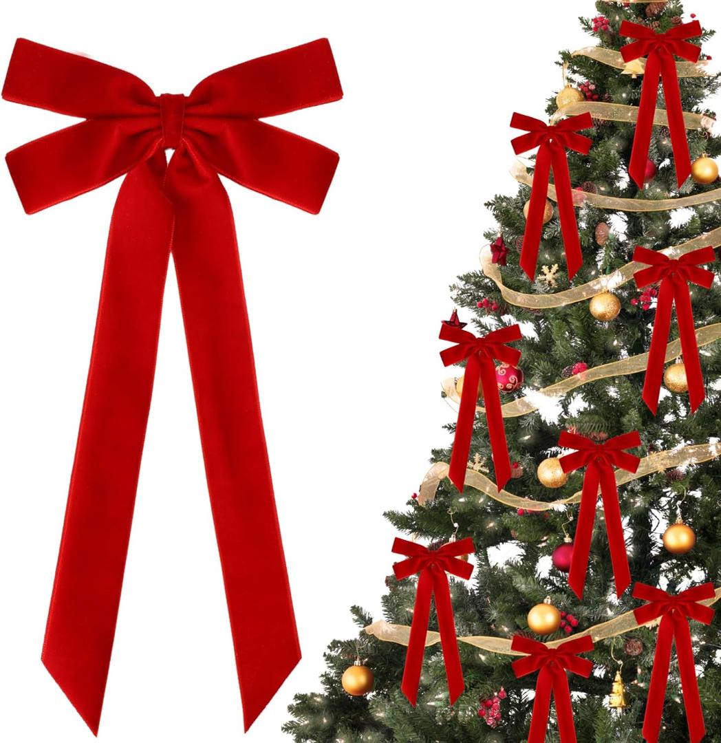 16Pcs Red Velvet Christmas Bows, 5 in x 10 in Velvet Ribbon Bows for Christmas Tree,Garland,Staircase,Fireplace, Xmas Indoor Outdoor Decor