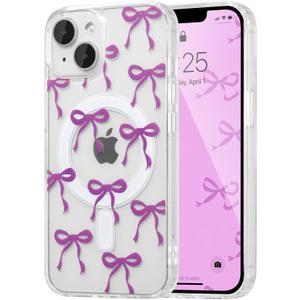 UEEBAI Magnetic for iPhone 14 & iPhone 13 Case, Bow Case Compatible with MagSafe, Wireless Slim Clear Ribbon Phone Cover Anti-Yellowing Shockproof Protective Cover for Women Girl - Purple