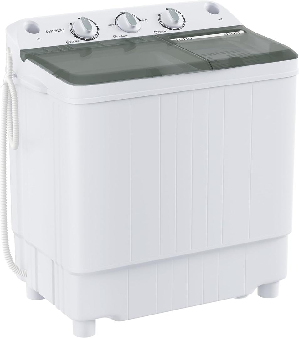 Portable Washing Machine Twin Tub 9.9 Lbs Capacity, (7.7 Lbs) and Spinner(2.2 Lbs) Combo Mini Compact Laundry Washer for Home, Apartment, Camping, RVs and Dorms, Black/White