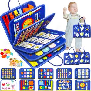 Busy Board, Montessori Toys for 1 2 3 Year Old - Toddler Toys for Ages 2-4 Boy Birthday Gift, Busy Book for toddlers 1-3, Toddler Learning Activities, Educational Learning Toy for Airplane Car Travel (Space - Blue)