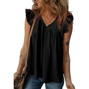 Dokotoo Womens Summer Tops Cute V Neck Ruffle Cap Sleeve Babydoll Blouses Shirts (Large, Black)