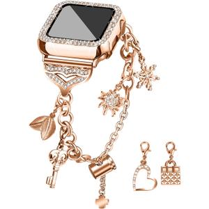 JOYOZY Band Compatible with Apple Watch 38mm 40mm 41mm 42mm 44mm 45mm 46mm, Bling Strap with Glitter Case Built-in Screen Protector, Interchangeable Charms Dressy Bracelet for Women (Rose Gold)