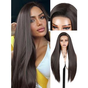 WIGER 28 Inch Straight Lace Front Wigs Long Light Black Synthetic Heat Resistant Cosplay Wig For Women Pre Plucked Glueless Wig for Halloween Costume Girl Party Hair
