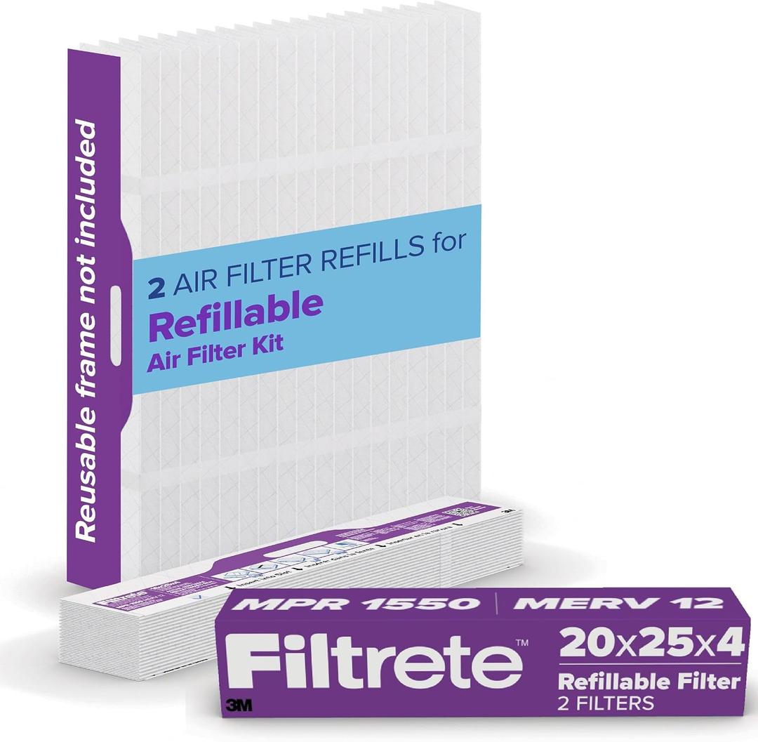 Filtrete 20x25x4 Refillable Air Filter replacement, MPR 1550, MERV 12, Allergen Bacteria & Virus, 2 Pack, use with reusable air filter frame of Filtrete Refillable Air Filter Kit, for HVAC, Furnace