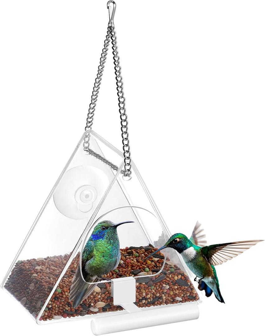 Window Bird Feeders with Strong Suction Cup, No Drill Hanging Wild Bird House - 2 Way Mount (Stick or Hang) for Close Bird Watching, Outdoor Use on Glass, Balcony, Apartment (Triangle, Clear)