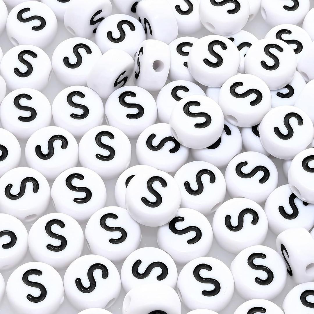 Amaney Letter Beads S 100pcs 7x4mm White Round Acrylic Black Alphabet for Bracelet Jewelry Making