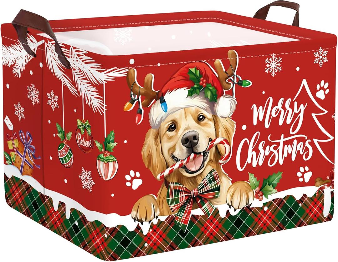 Clastyle Christmas Pet Baby Laundry Hamper Snowflake Kid Storage Basket Boy Girl Gift Toy Box Collapsible Clothes Organizer Nursery Bin for Bedroom,Puppy,40 * 30 * 30 cm