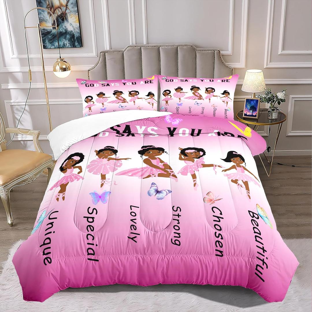 BATATADOCE Cute Little Ballet Bedding Sets African American Black Girls Pink Comforter Set Pink Princess Bed Set Kids Full Size Comforter Sets for Girls Bedroom,1 Comforter + 2 Pillowcases