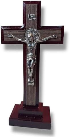 Amazon.com: St. Benedict Tabletop Crucifix  8 Mahogany & Oak Wood Style Cross on Stand  Catholic Desk Cross for Home or Office Prayer Corner : Home & Kitchen