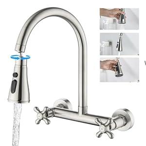 BEIYI Wall Mount Kitchen Faucet 8 Inch Center, 2 Handle Wall Mounted Kitchen Sink Faucet Brushed Nickel 360 Â° Swivel Spout Kitchen Faucet with Sprayer