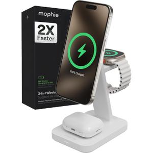 Mophie Snap+ 3-in-1 Wireless Charging Stand - MagSafe & Qi2 Certified, Compatible w/iPhone 17/16/15/14/13/12, Apple Watch, AirPods - Multi-Device Magnetic Charging Station, Eco-Friendly Design, White