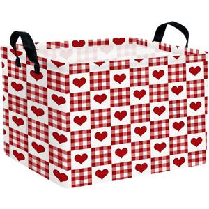 Large Valentine's Day Basket Heart Shaped Storage Bin for Gifts Collapsible Organizer Room Decor (Grid Love)