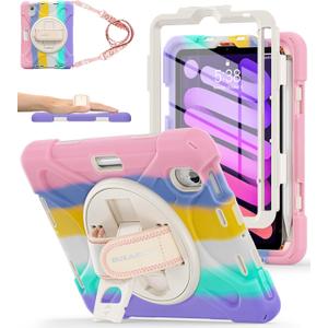 BRAECNstock Kids Case for Apple iPad mini 7 (A17 Pro) 2024/ Mini 6 8.3" Shockproof Protective iPad mini 7th/6th Gen Case with Screen Protector Pen Holder [Rotating Stand+Hand Strap], Colorful Pink