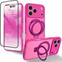 AIGOMARA Phone Case for iPhone 17 Pro 6.3 Inch [Compatible with MagSafe] Hot Pink Magnetic Kickstand Case with Screen Protector Soft TPU + Hard PC Shockproof Phone Cover for Women Men