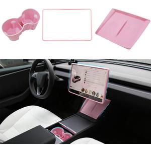 3PCS Center Console Accessories for Tesla New Model Y Juniper 2025 Model 3 Highland 2024 Cup Holder Insert, Screen Edge Protector Frame, Wireless Charger Mat Silicone, Pink