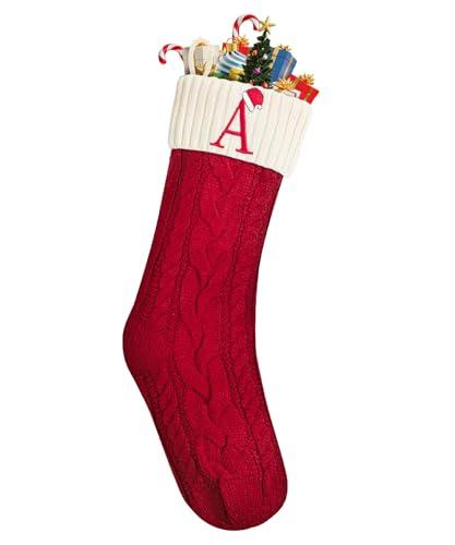 Mr. Pen- Christmas Stockings with Initials, 18", Letter A, Red and Cream, Cable Knit Stockings for Christmas, Cable Knit Christmas Stocking for Christmas, Large Knit Stockings Christmas